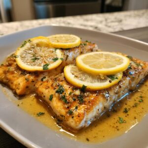 Close-up of two flaky baked mahi mahi fillets topped with lemon slices and fresh parsley, in a buttery lemon sauce.
