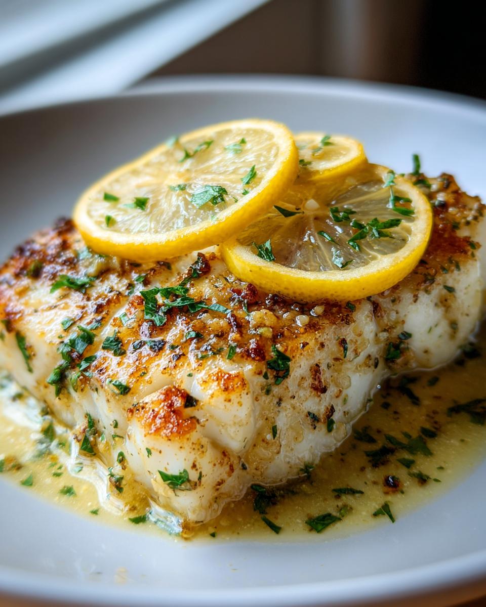 A close-up of a flaky baked mahi mahi fillet topped with lemon slices and fresh parsley, served in a lemon butter sauce.