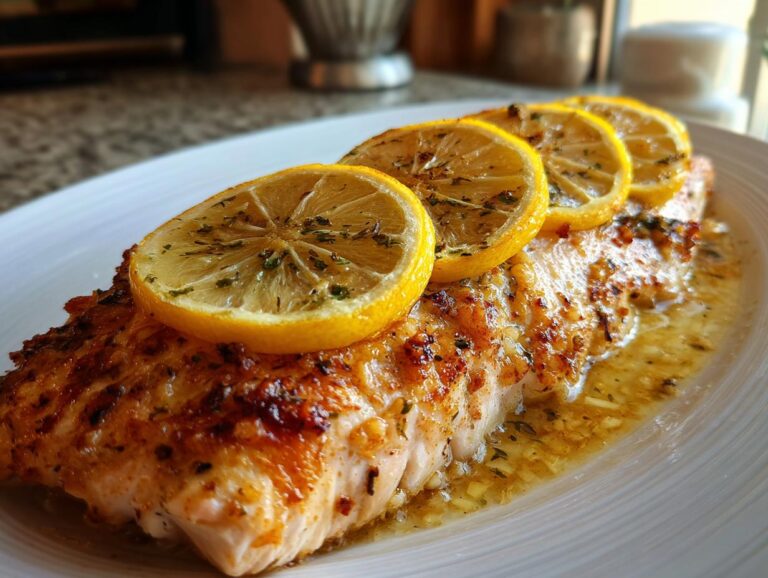 A close-up of a perfectly baked mahi mahi fillet topped with thin lemon slices and herbs.