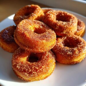 A close-up of a pile of soft baked pumpkin donuts coated in cinnamon sugar.