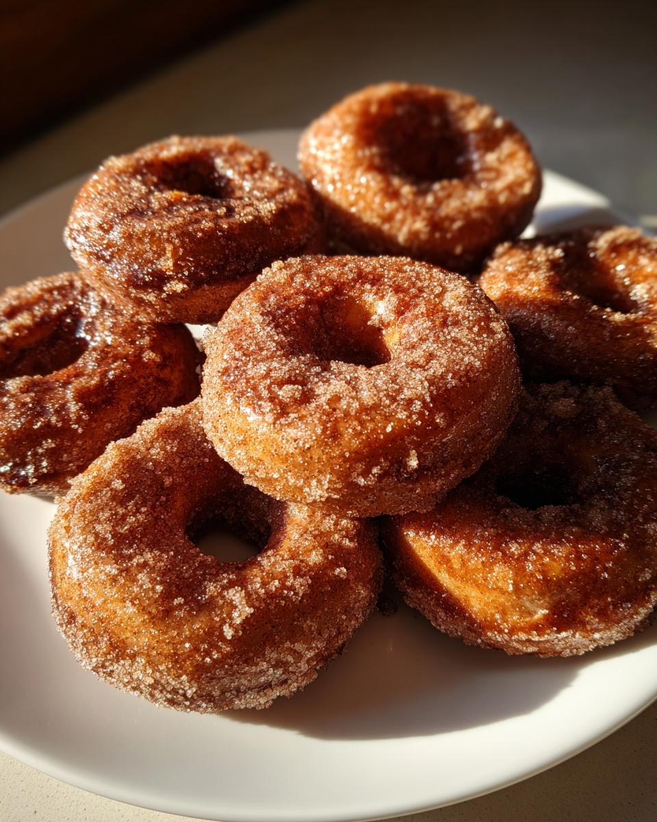 A pile of soft baked pumpkin donuts coated in cinnamon sugar on a white plate.