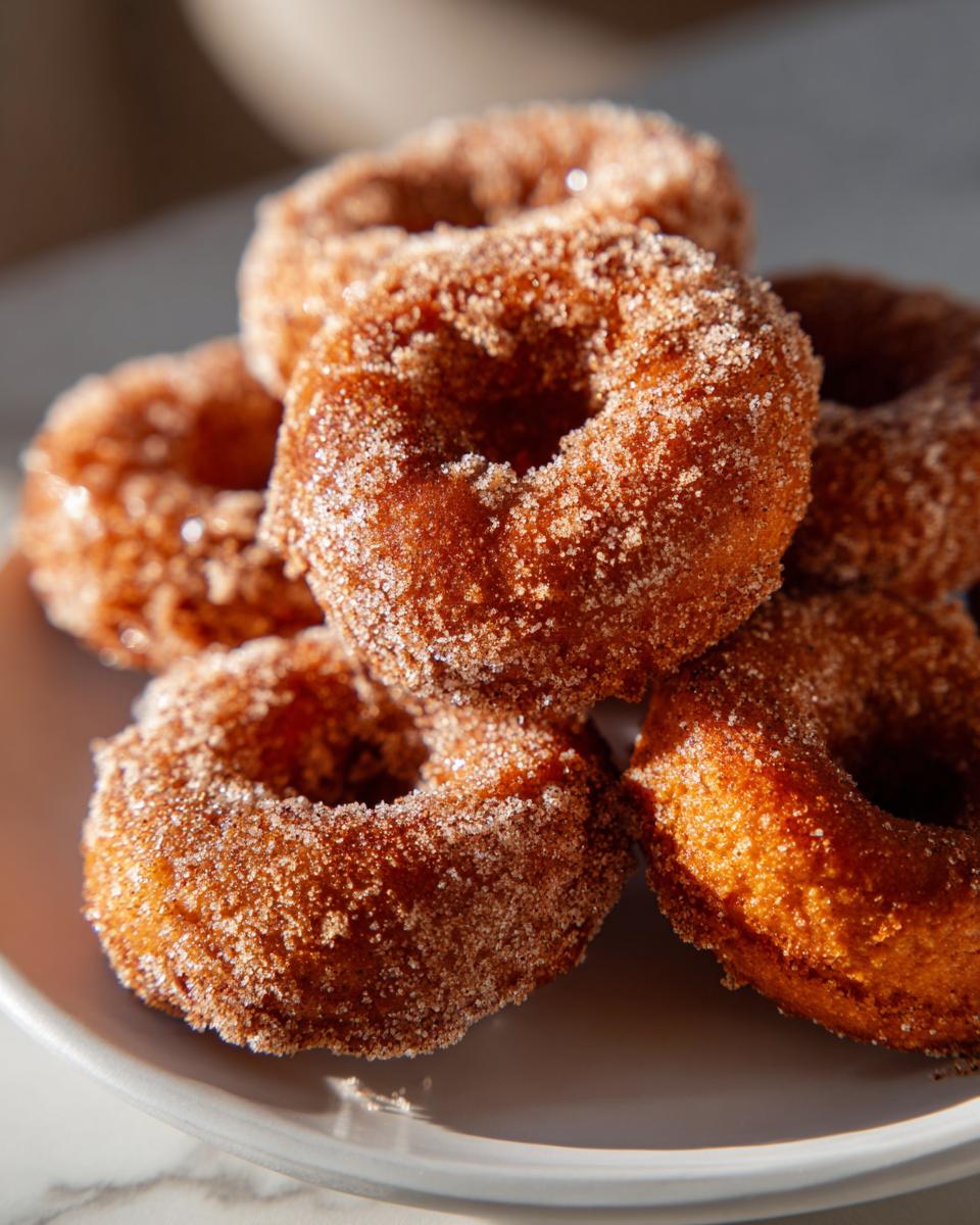 A close-up of a pile of soft baked pumpkin donuts coated in cinnamon sugar.