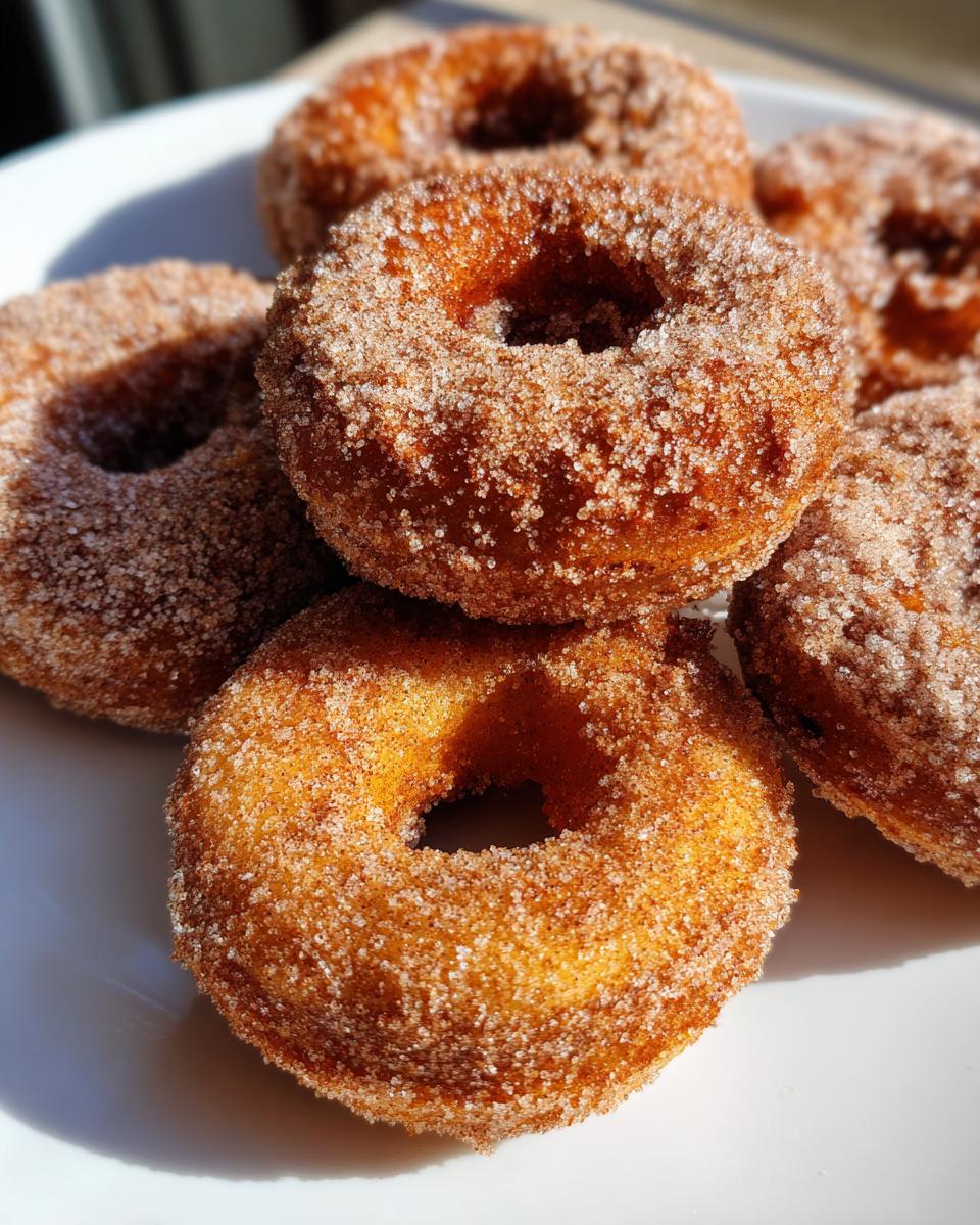 A close-up of several soft baked pumpkin donuts coated in cinnamon sugar, piled on a white plate.