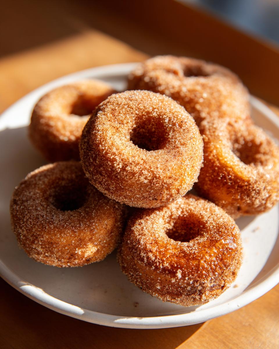 A pile of soft baked pumpkin donuts coated in cinnamon sugar on a white plate.