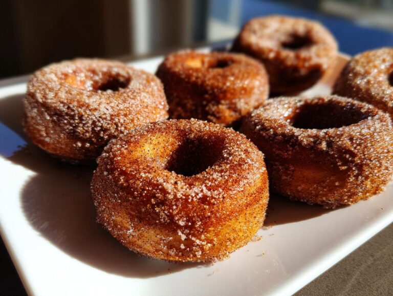 Close-up of several soft baked pumpkin donuts coated in cinnamon sugar on a white plate.