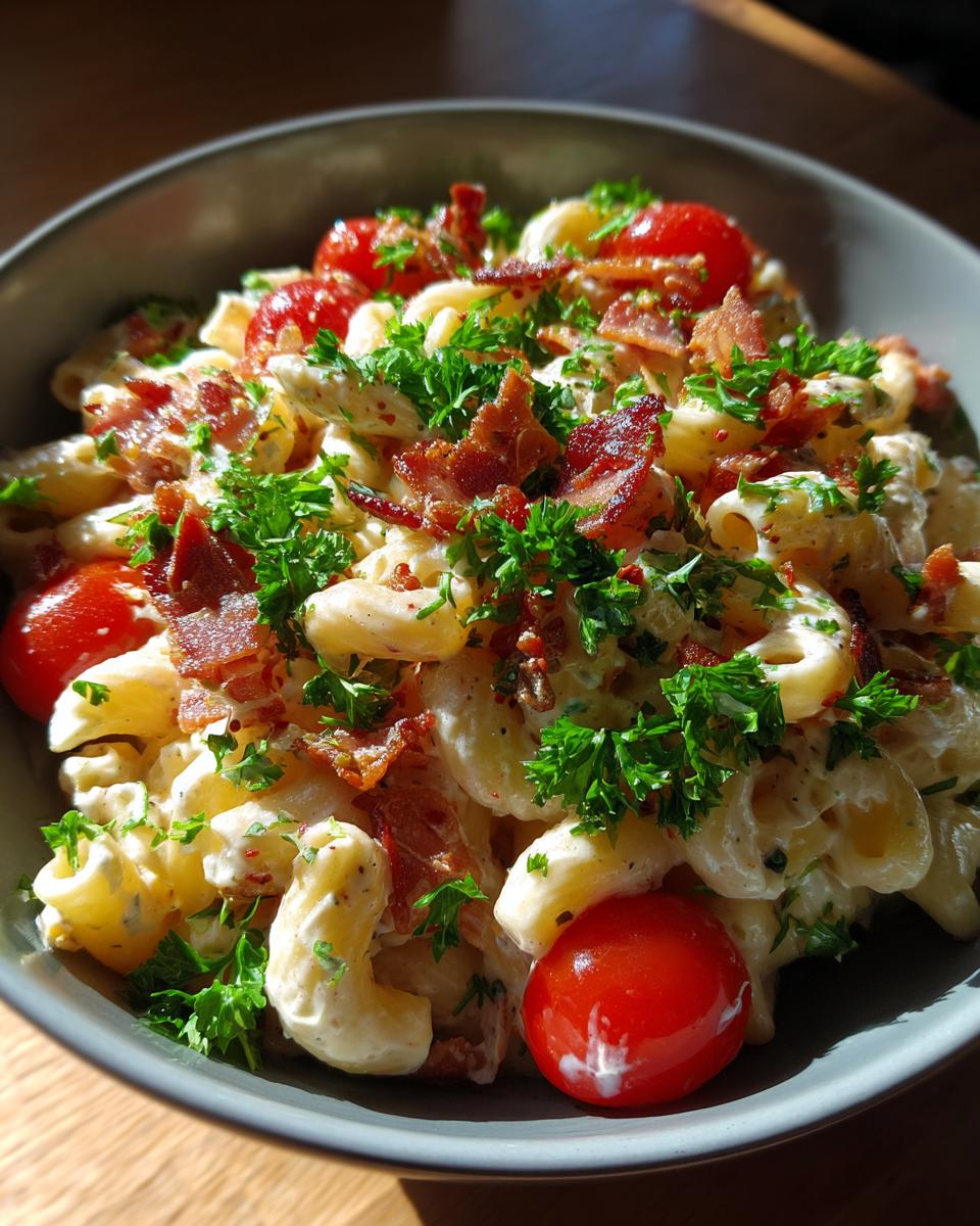 A close-up of a bowl of creamy BLT pasta salad, featuring pasta, cherry tomatoes, crispy bacon, and fresh parsley.