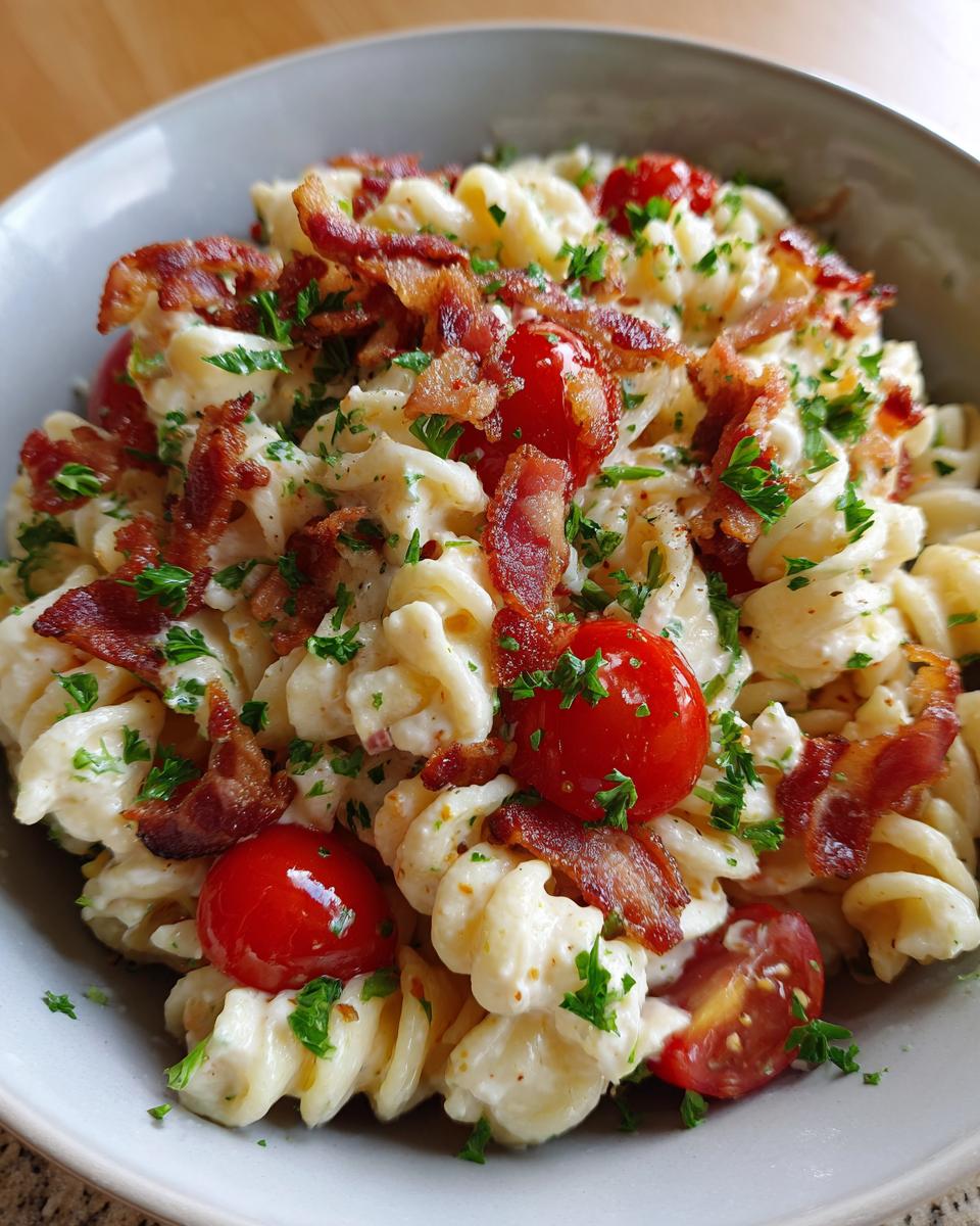 A close-up of a bowl of BLT pasta salad, featuring rotini pasta coated in creamy dressing, topped with crispy bacon, cherry tomatoes, and fresh parsley.