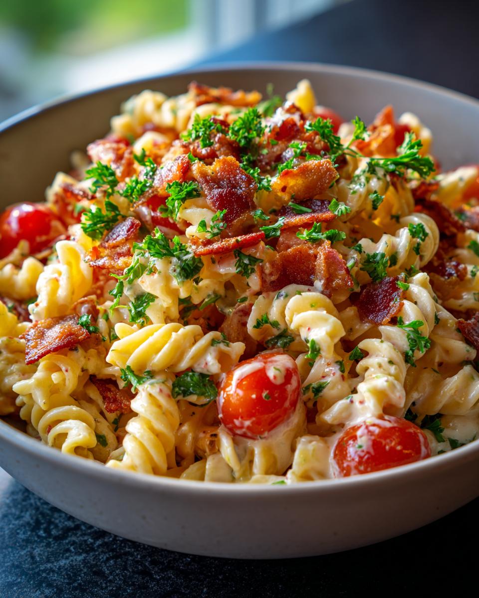 A close-up of a bowl of BLT pasta salad, featuring rotini pasta, cherry tomatoes, crispy bacon, and fresh parsley.