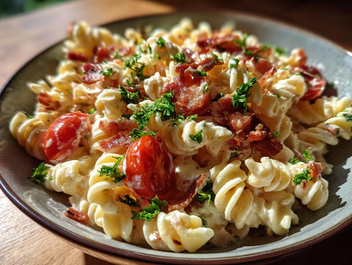 A close-up of creamy BLT pasta salad featuring rotini pasta, crispy bacon, cherry tomatoes, and fresh parsley.