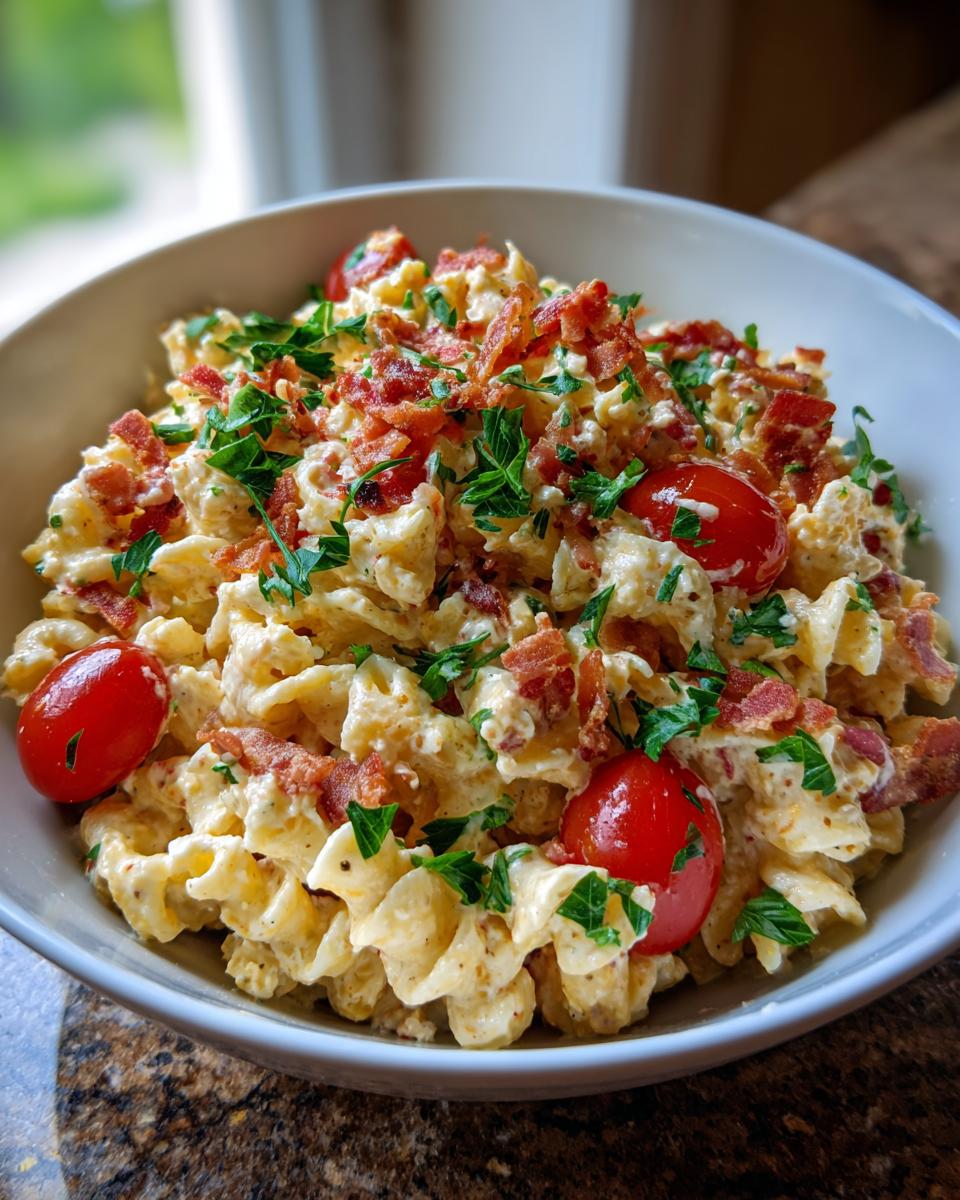 A close-up of a bowl of creamy BLT pasta salad topped with crispy bacon, cherry tomatoes, and fresh parsley.