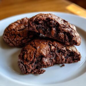 Close-up of fudgy brownie mix cookies with visible chocolate chips on a white plate.