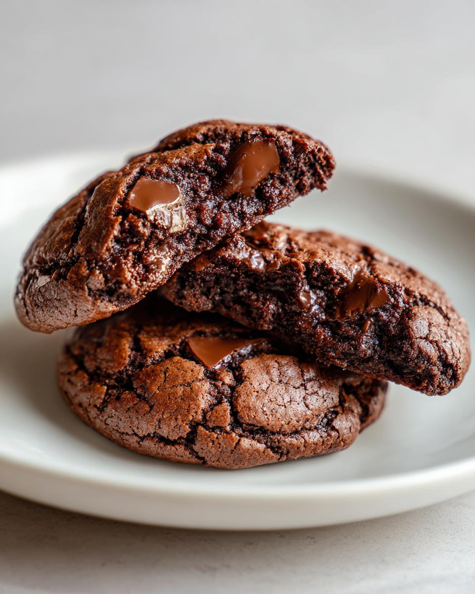 A close-up of three rich chocolate brownie mix cookies, one split open to reveal gooey chocolate chips.