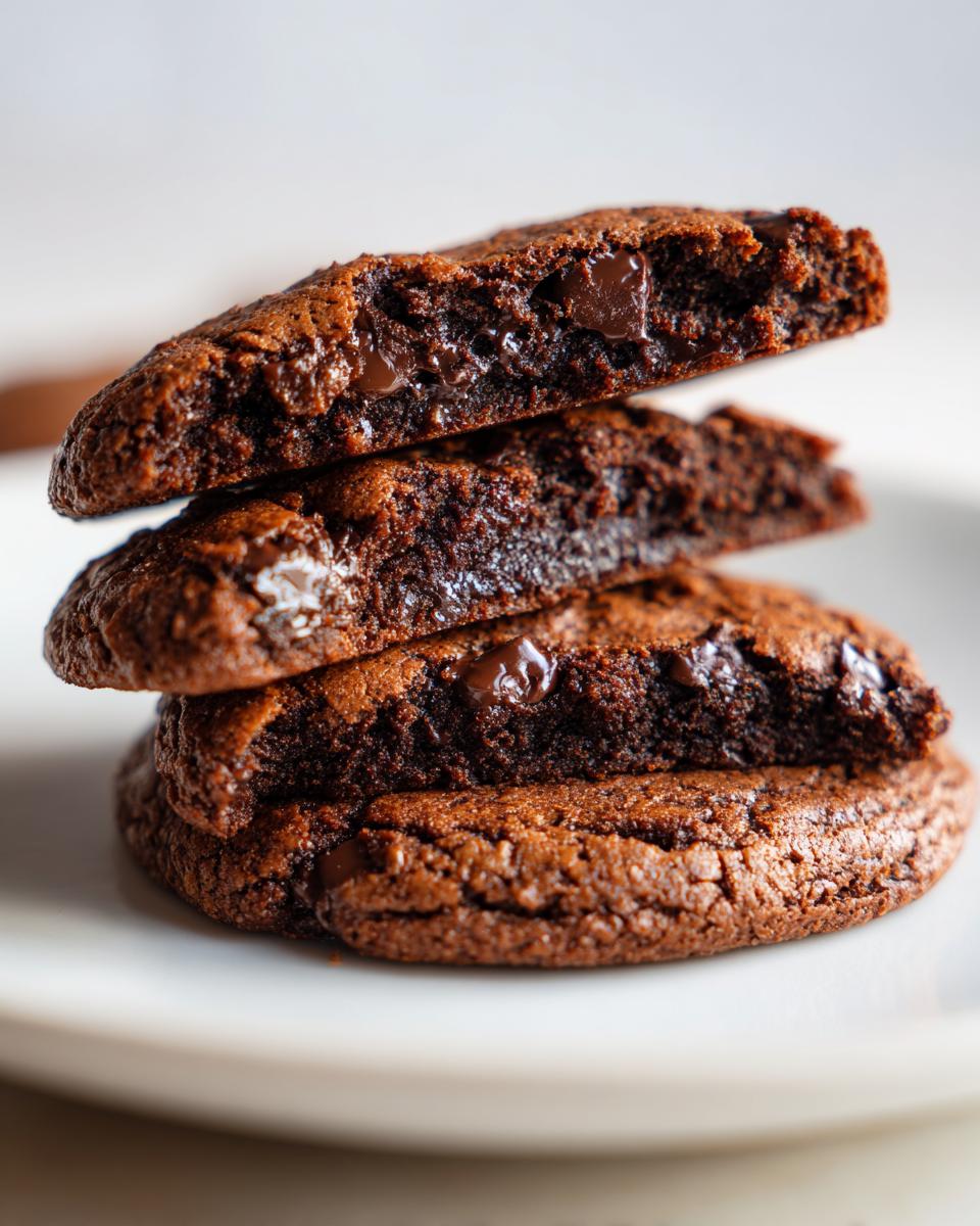 A stack of fudgy brownie mix cookies, one broken in half to reveal melty chocolate chips inside.
