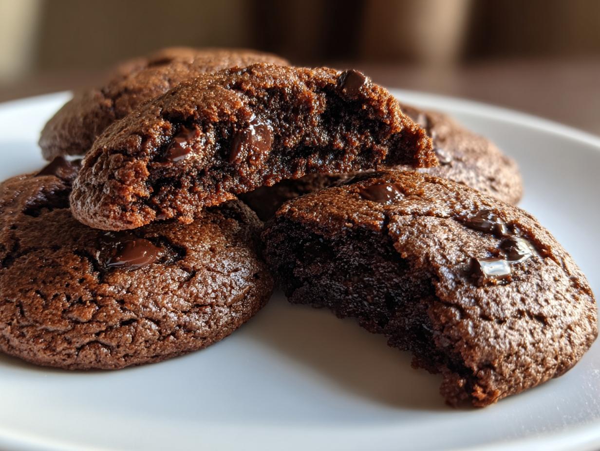 Close-up of rich, fudgy brownie mix cookies with melted chocolate chips on a white plate.