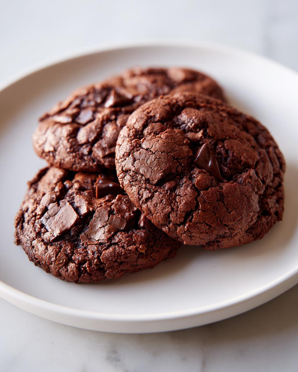 Three rich chocolate brownie mix cookies piled on a white plate, with visible chocolate chunks.