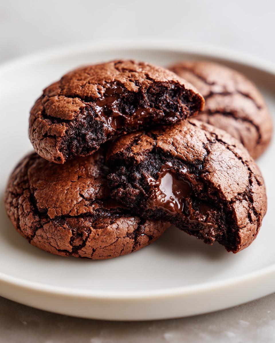 Close-up of decadent brownie mix cookies, one broken in half to reveal a gooey melted chocolate center.