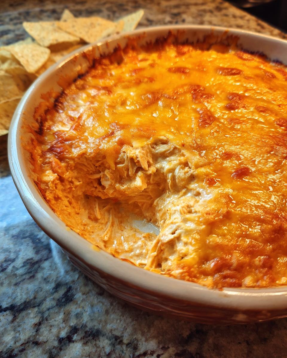 A close-up of bubbly, cheesy Buffalo chicken dip in a baking dish, with tortilla chips in the background.