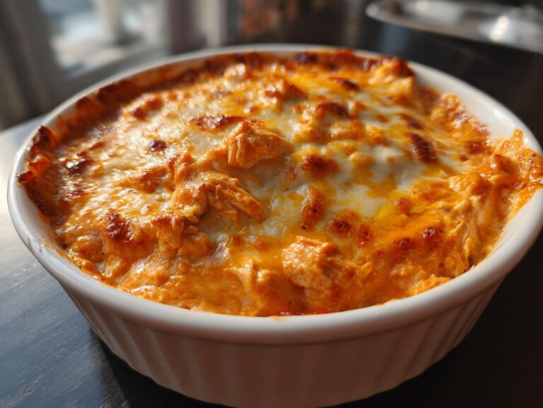 Close-up of a bubbling hot Buffalo chicken dip in a white baking dish, topped with melted cheese.