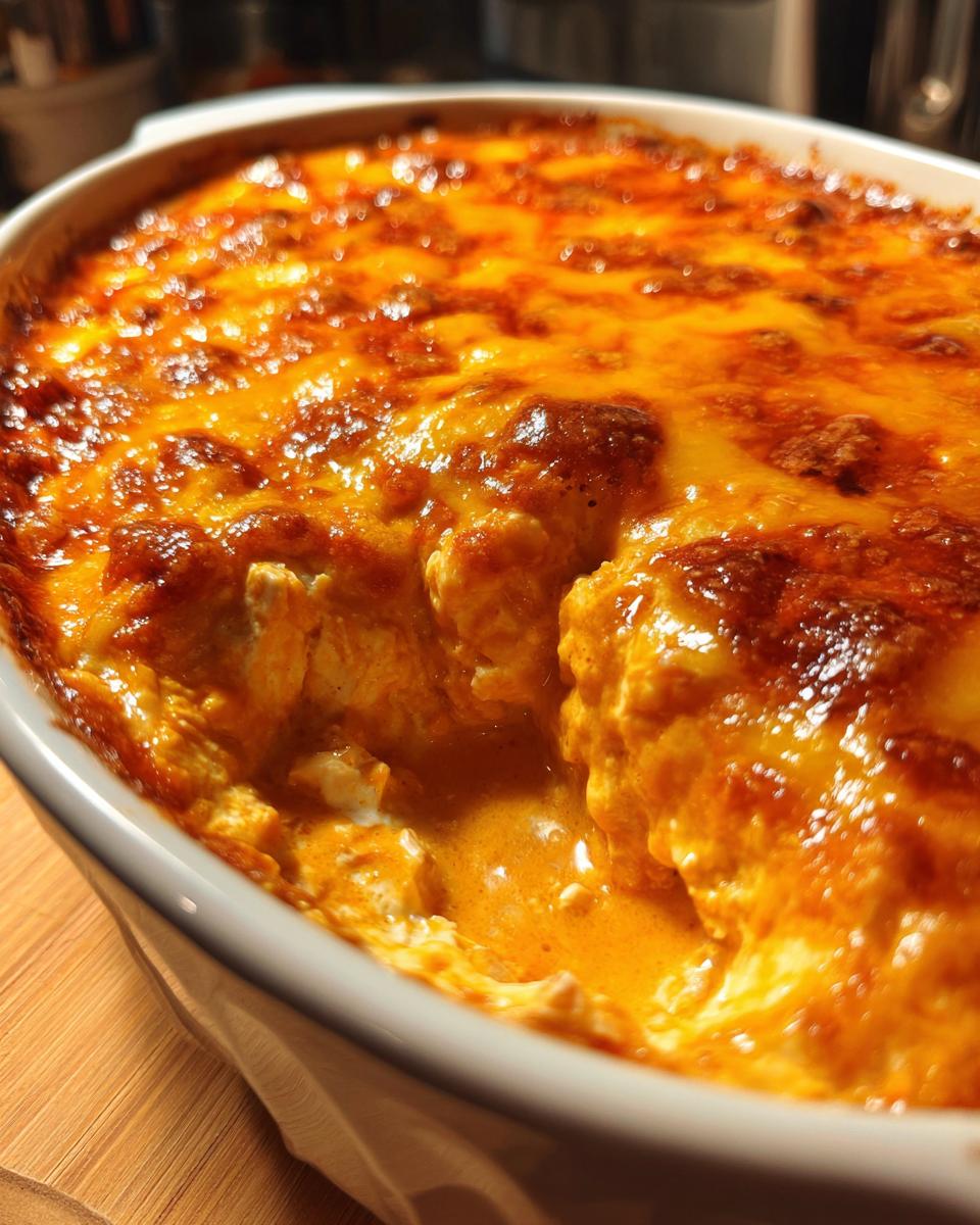 A close-up of a bubbling dish of hot buffalo chicken dip, with melted cheese and creamy sauce.