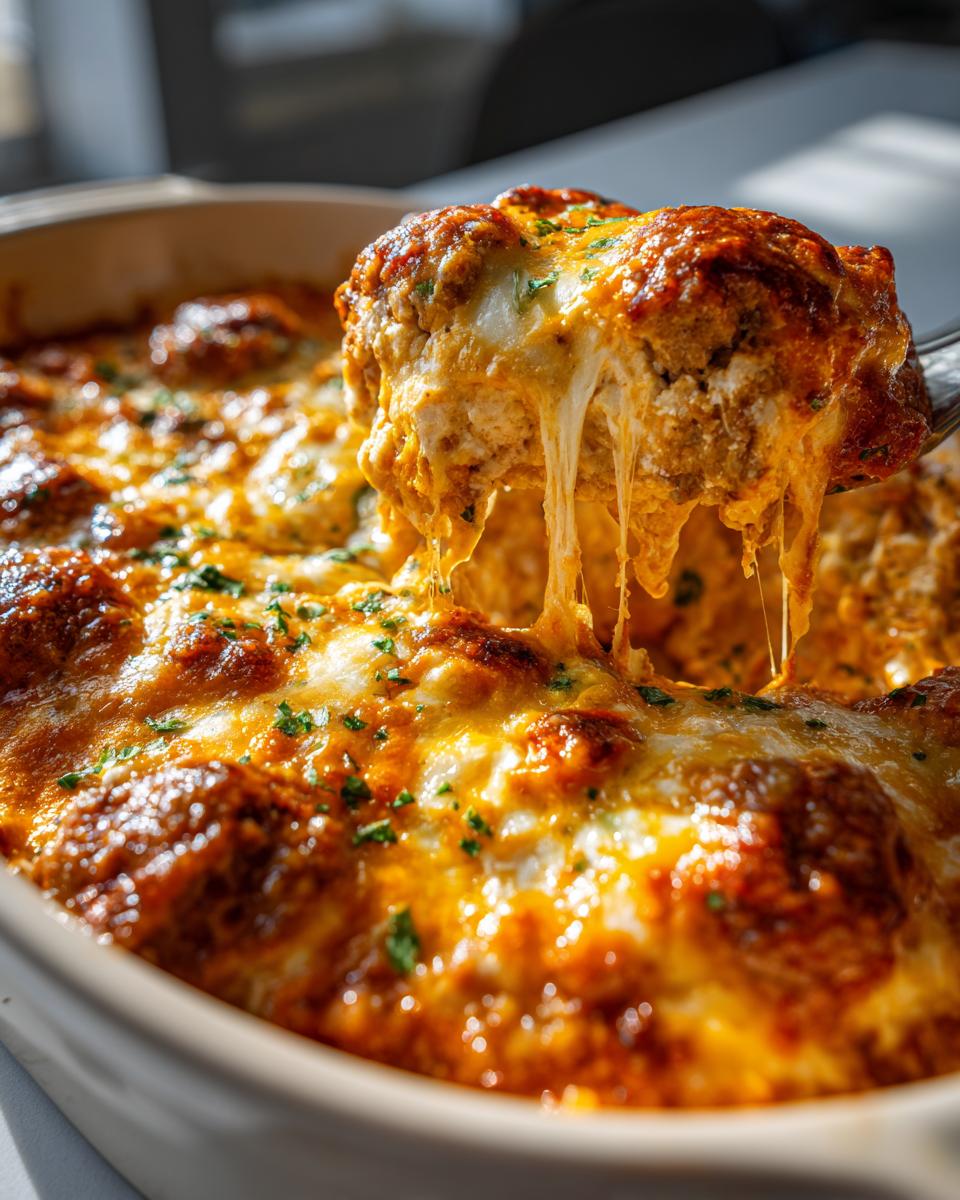 A scoop of hot Buffalo chicken dip being lifted from a baking dish, showing a delicious cheese pull.