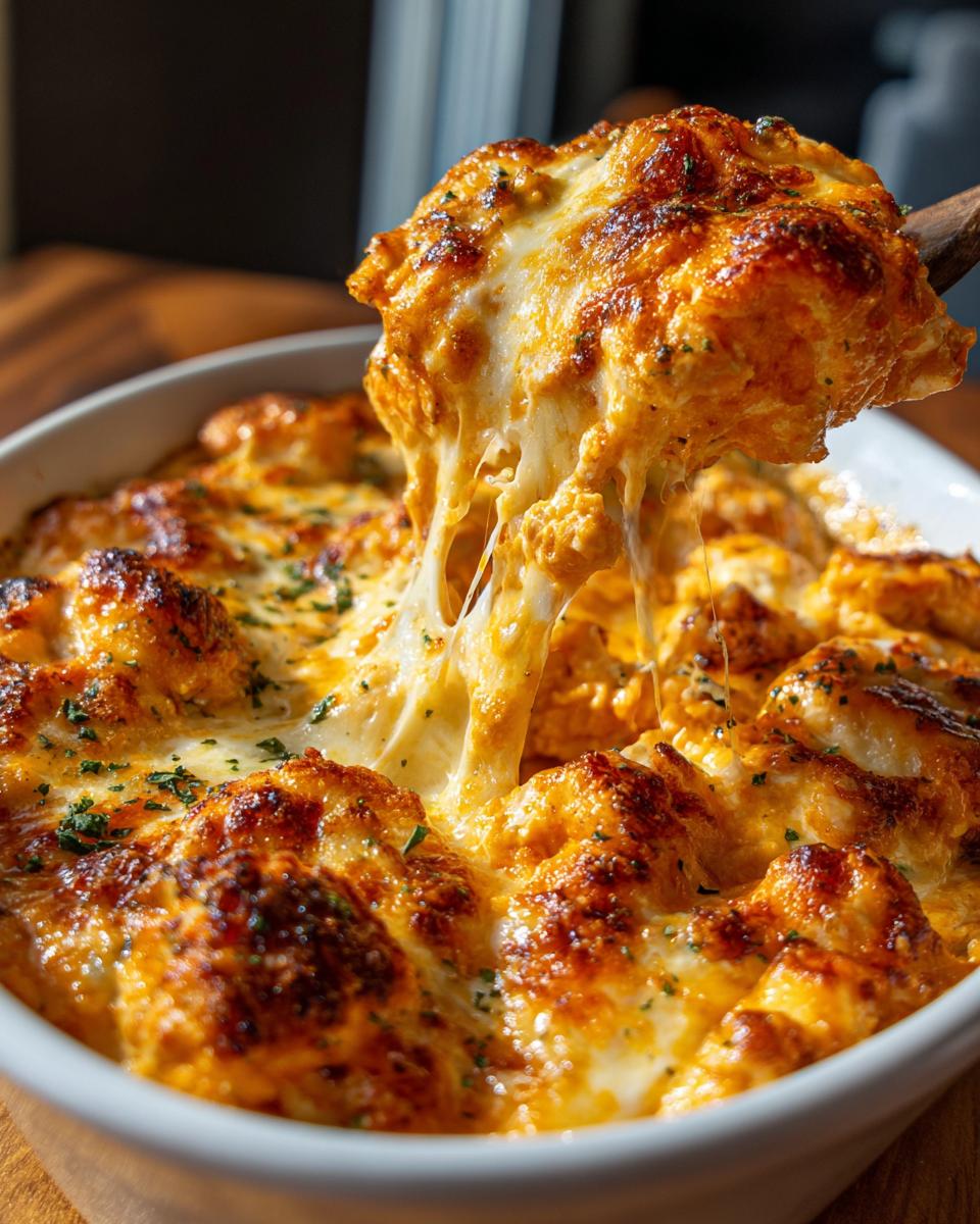 A scoop of hot Buffalo chicken dip being lifted from a white dish, showing stringy, melted cheese.