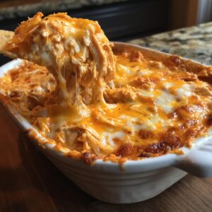 A chip scooping up gooey, cheesy buffalo chicken dip from a white baking dish.