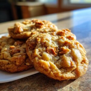 A close-up of three freshly baked Butterfinger caramel cookies on a white plate.