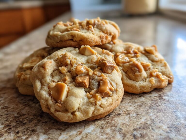 A close-up of several homemade Butterfinger caramel cookies, generously studded with caramel chunks.