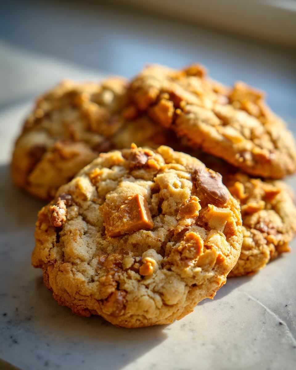 Close-up of delicious Butterfinger caramel cookies with chunks of caramel and candy.