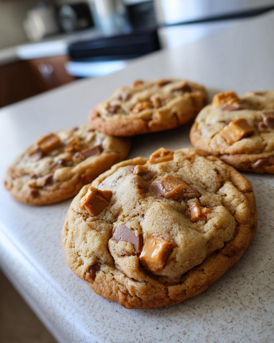 Close-up of four delicious Butterfinger caramel cookies with chunks of Butterfinger and caramel.