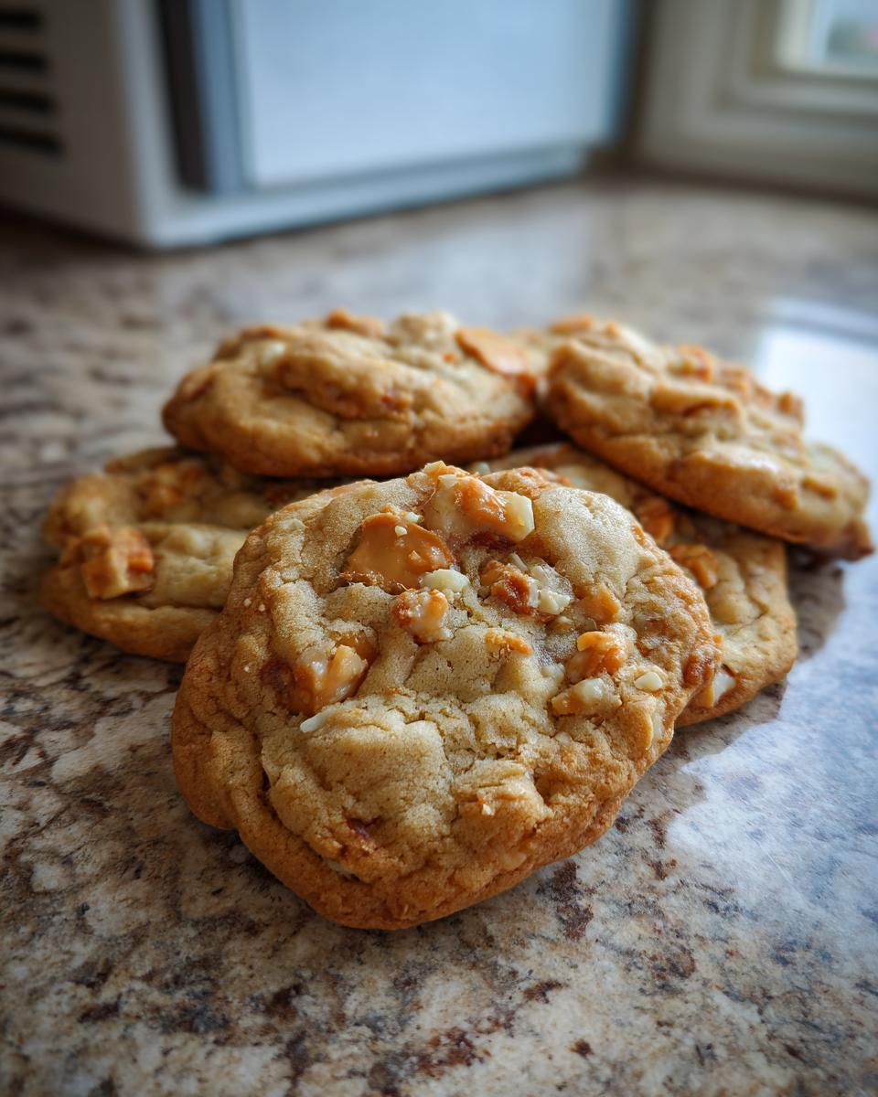 Close-up of freshly baked Butterfinger caramel cookies with chunks of candy and white chocolate.