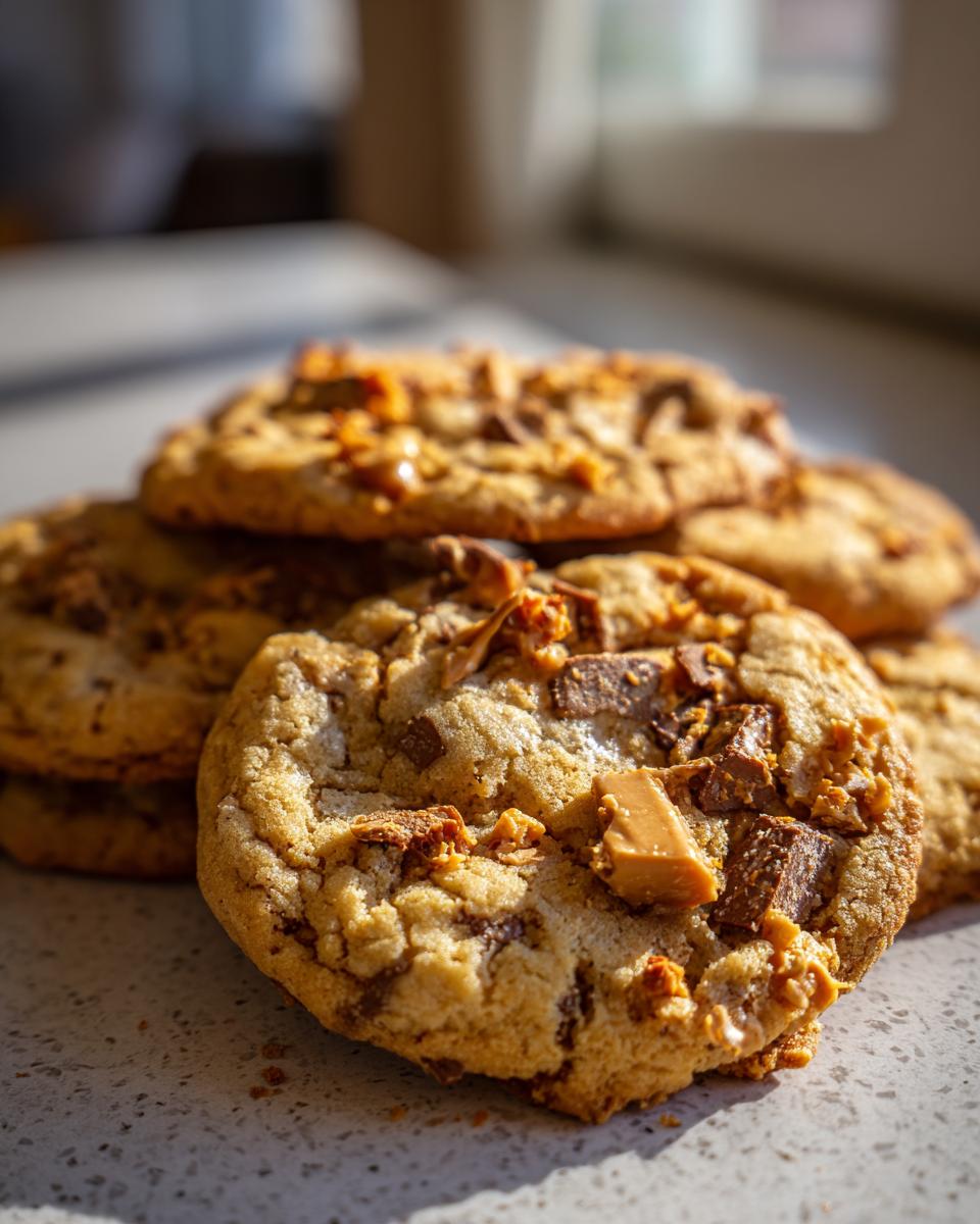 Close-up of a stack of freshly baked Butterfinger caramel cookies, showing chunks of Butterfinger and caramel.