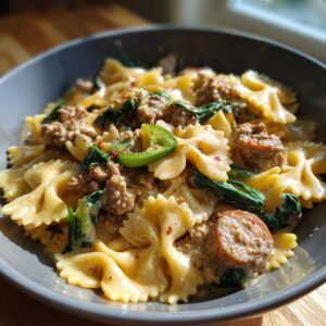 A close-up of creamy Cajun bowtie pasta with crumbled sausage, spinach, and sliced jalapeños.