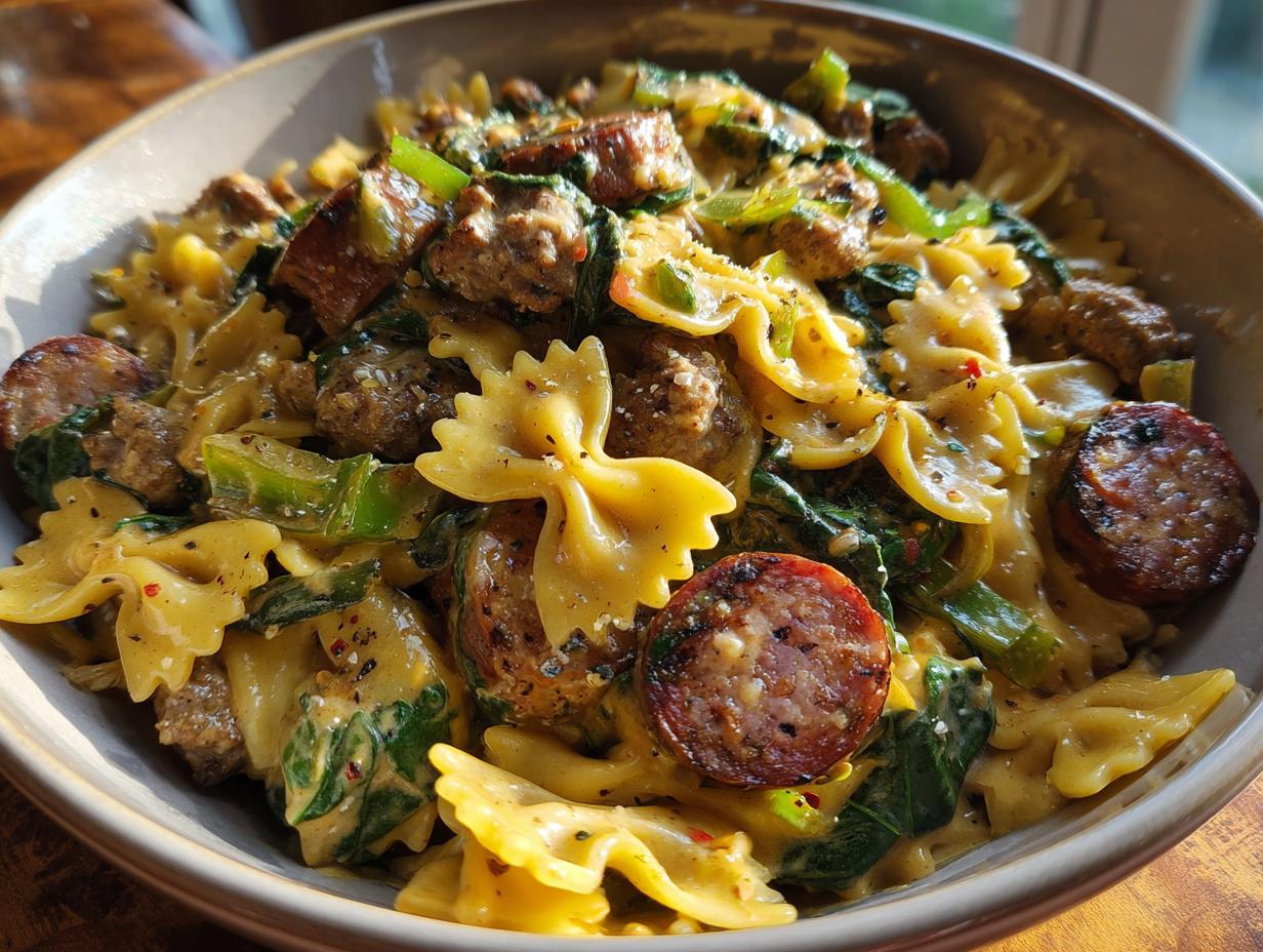 A close-up of a bowl filled with spicy Cajun bowtie pasta, featuring sausage slices, green peppers, and spinach in a creamy sauce.