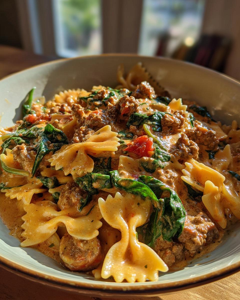 A close-up of a bowl filled with spicy Cajun bowtie pasta, featuring sausage, spinach, and a creamy sauce.