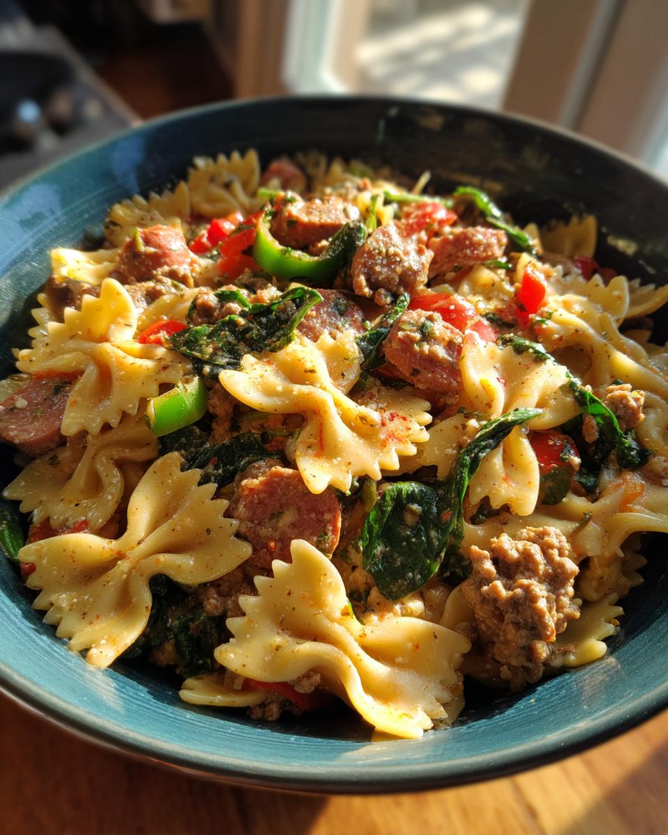 A close-up of a bowl of spicy Cajun bowtie pasta with sausage, spinach, and bell peppers.