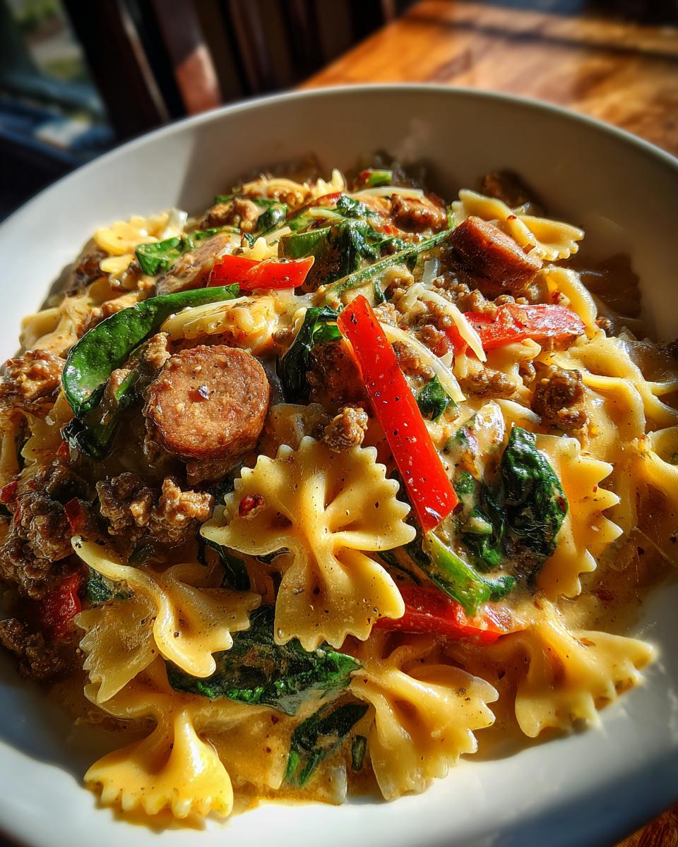 A close-up of a bowl of spicy Cajun bowtie pasta with sausage, red peppers, and spinach in a creamy sauce.