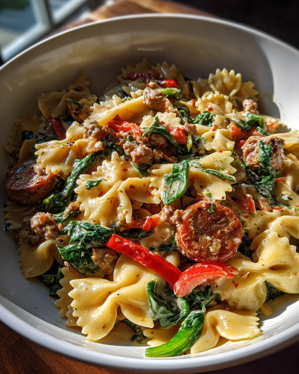 A close-up of spicy Cajun bowtie pasta mixed with sausage, spinach, and red bell peppers in a creamy sauce.