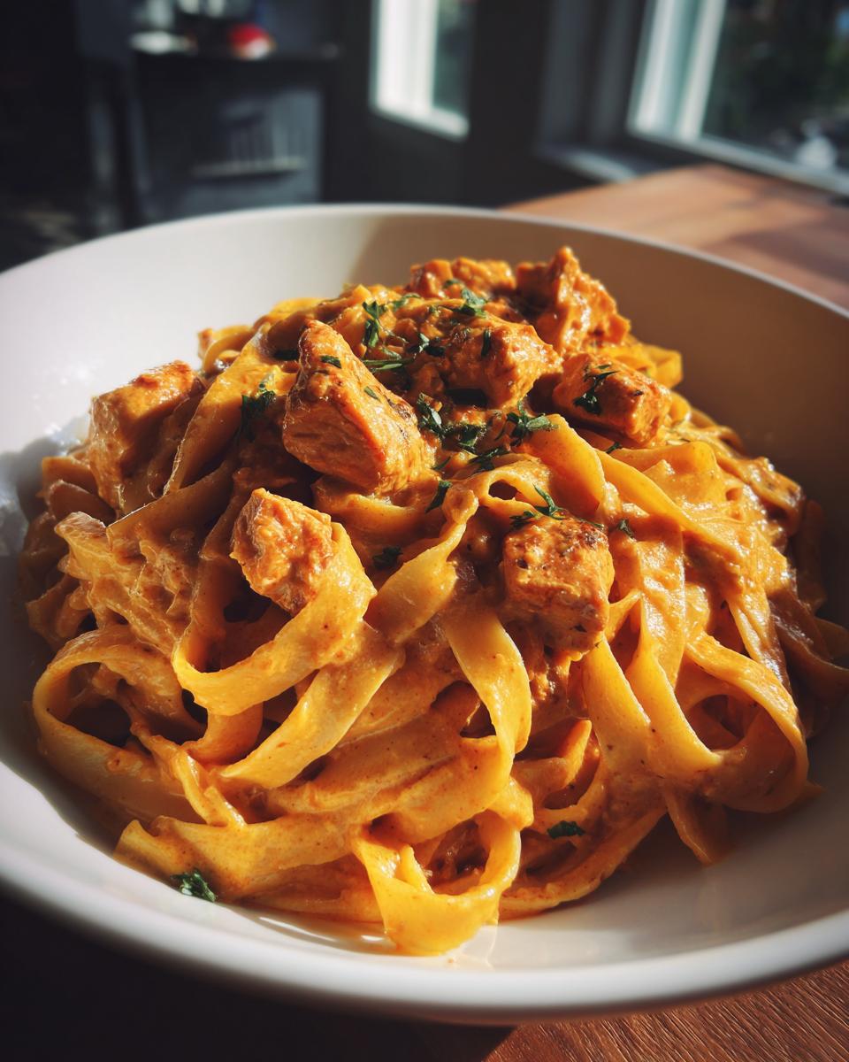 A close-up of a white bowl filled with creamy Cajun chicken pasta, garnished with parsley.