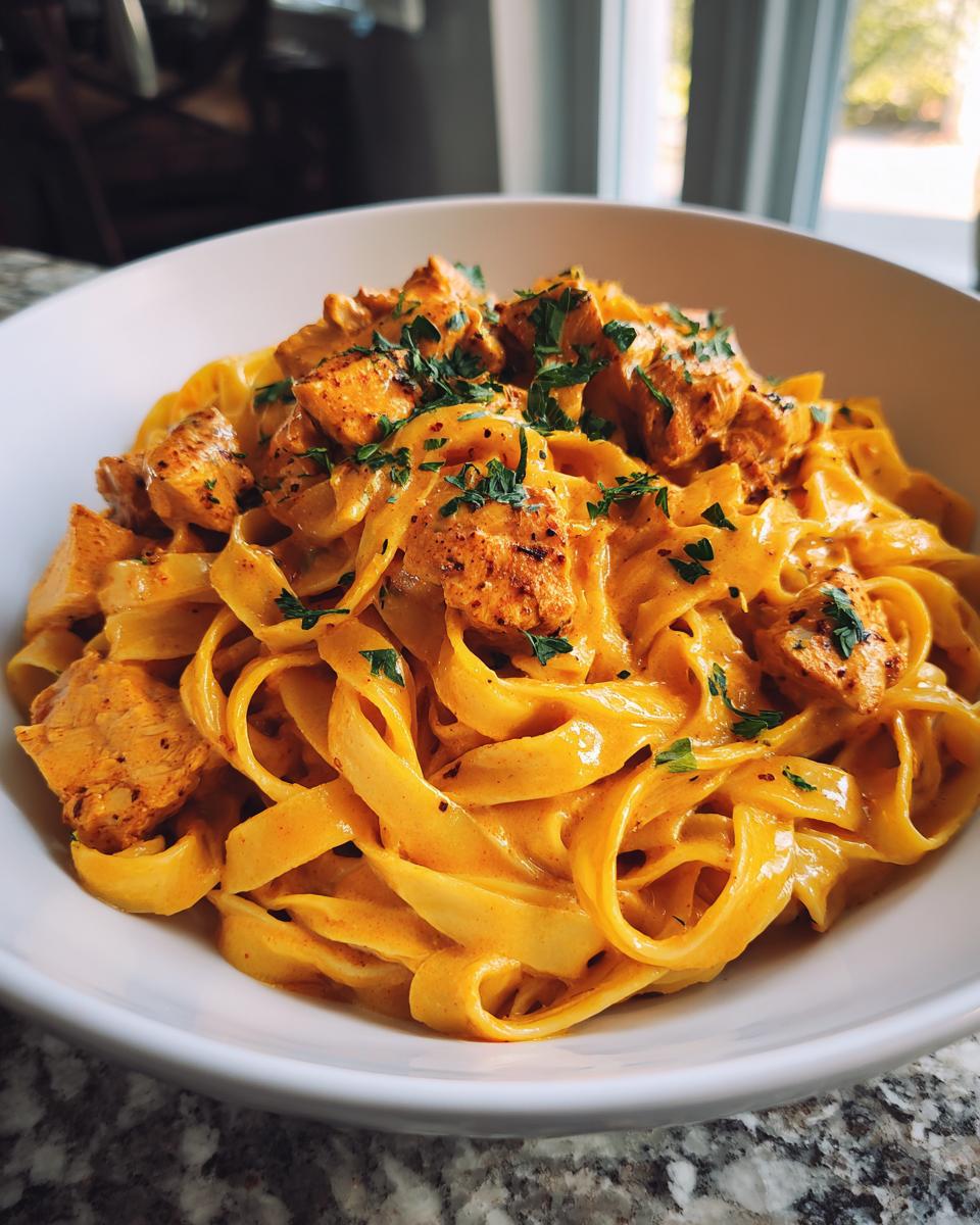 A bowl of creamy Cajun chicken pasta with fettuccine noodles and diced chicken, garnished with parsley.
