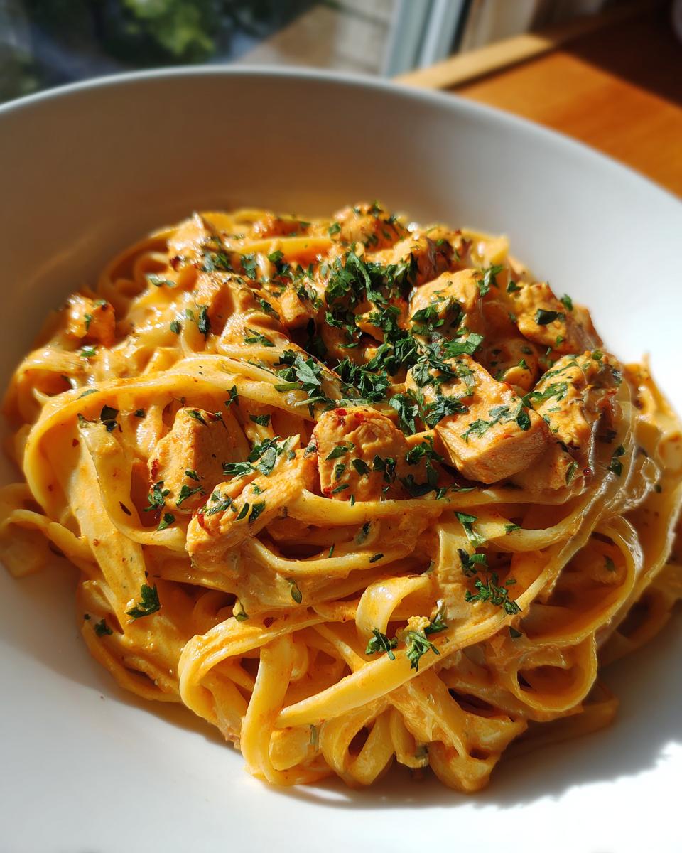 A close-up of creamy Cajun chicken pasta topped with chopped parsley in a white bowl.