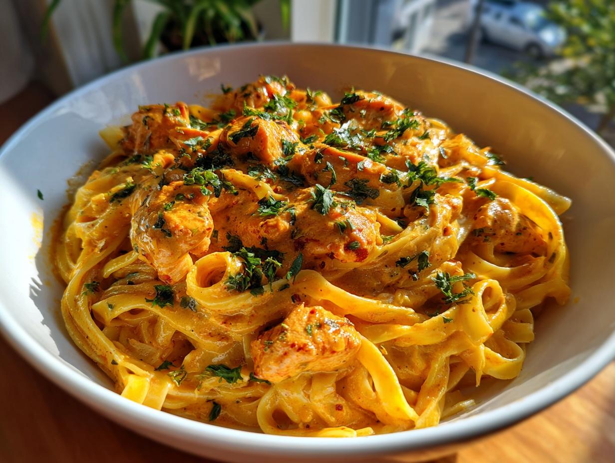 A bowl of creamy Cajun chicken pasta, garnished with fresh parsley.