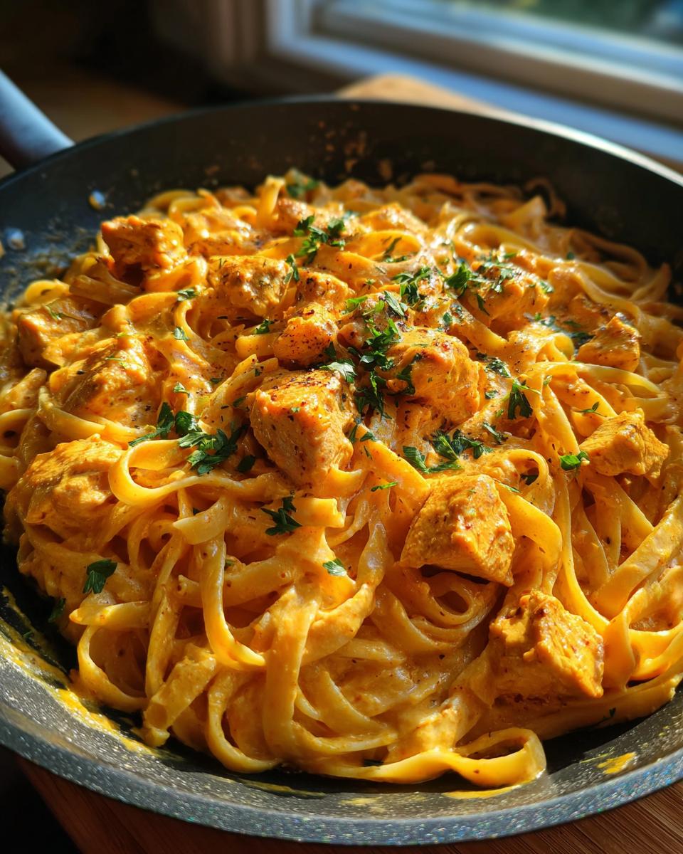 Close-up of creamy Cajun chicken pasta with fettuccine noodles and diced chicken, garnished with parsley.