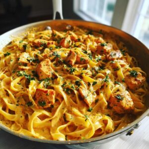 A close-up of creamy Cajun chicken pasta with fettuccine noodles and diced chicken, garnished with parsley, served in a skillet.