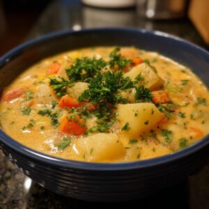A close-up of a blue bowl filled with creamy Cajun potato soup, garnished with fresh parsley.