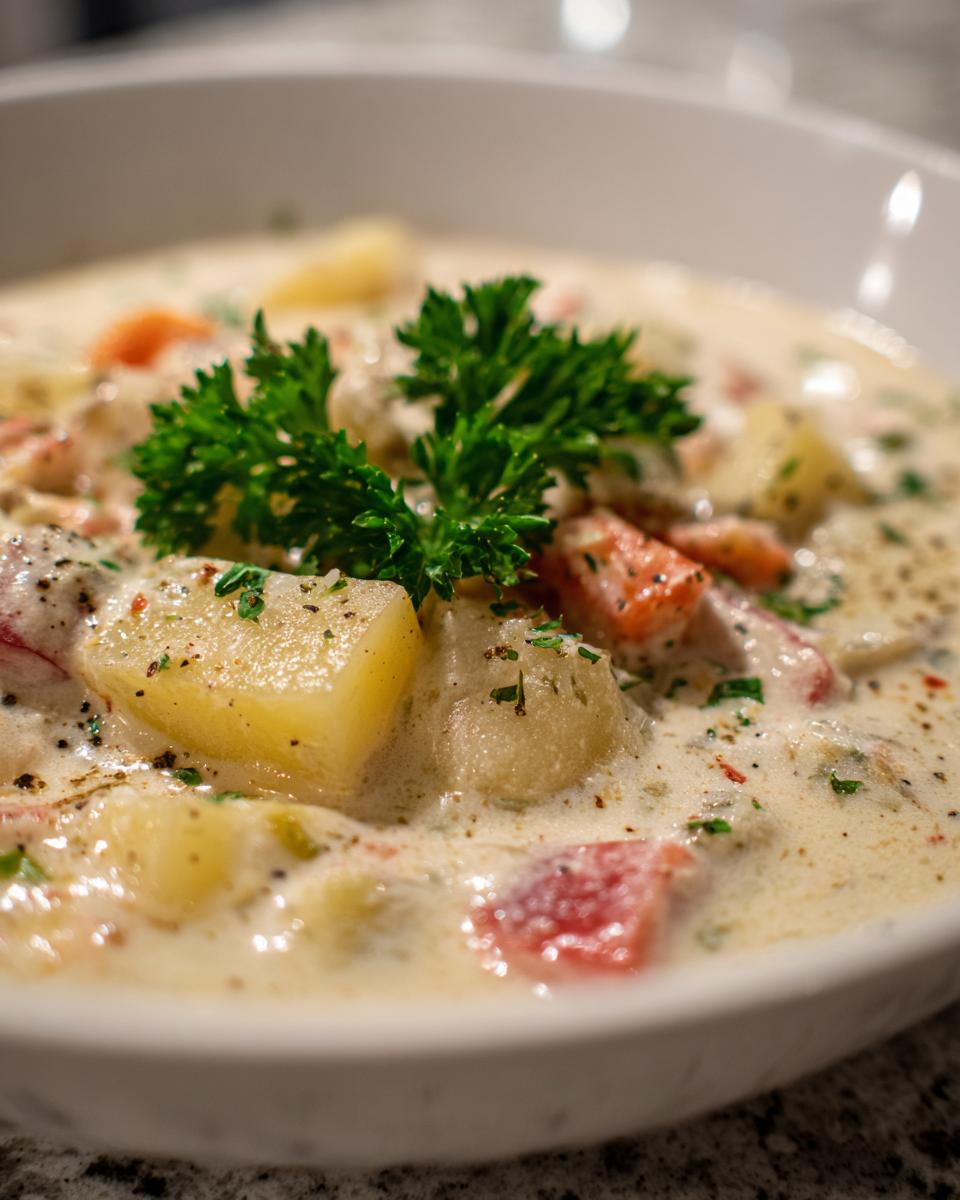 Close-up of a bowl of creamy Cajun potato soup with chunks of potatoes, carrots, and garnished with parsley.