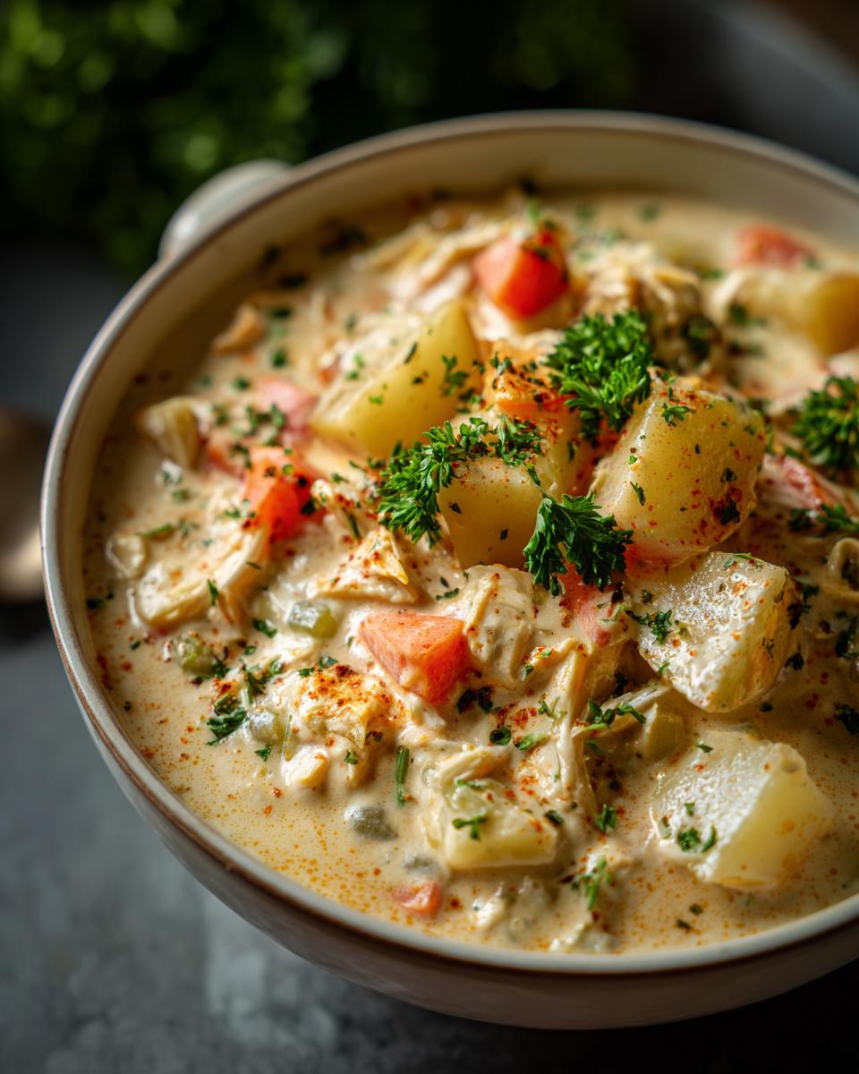 Close-up of a creamy Cajun potato soup with chunks of potatoes, carrots, and herbs.