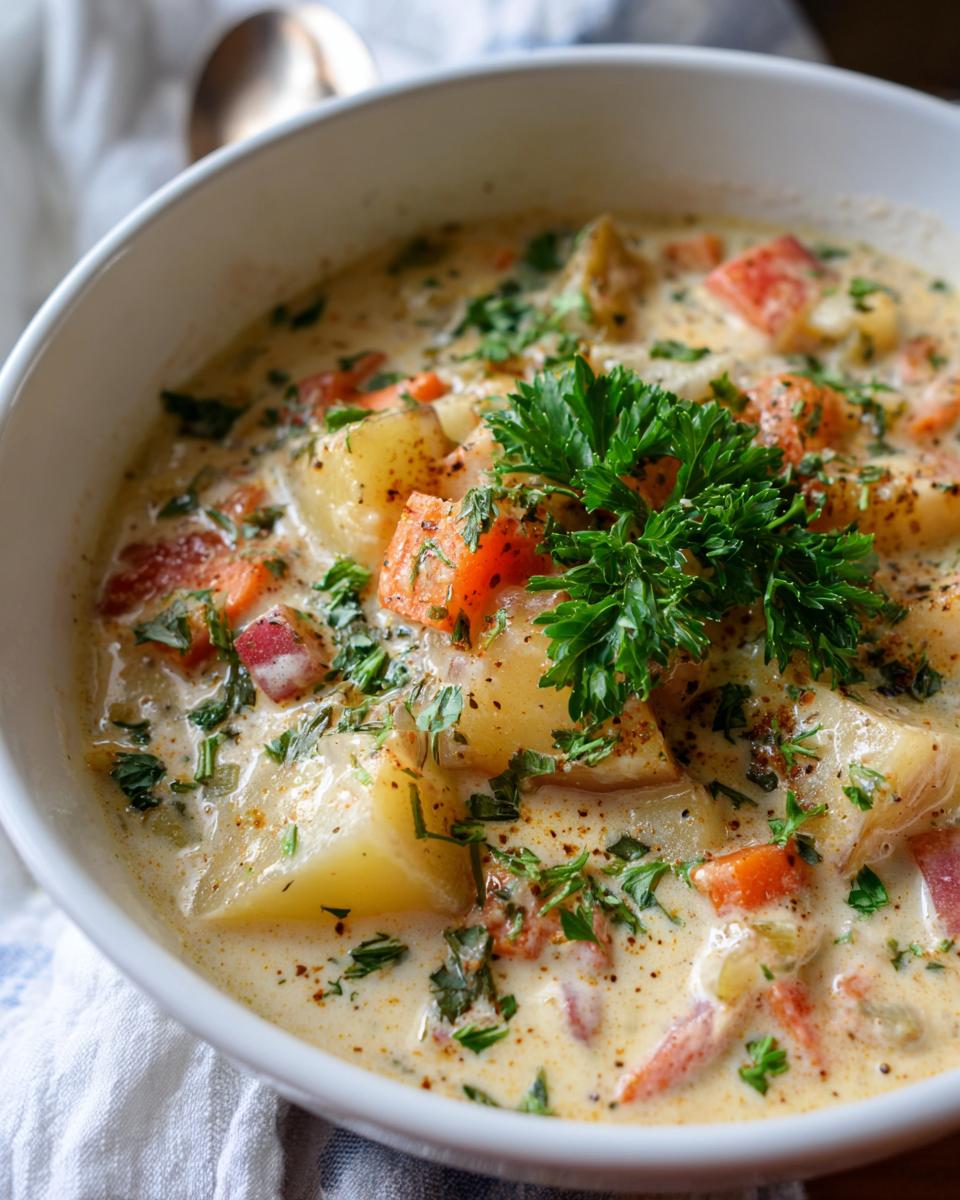 A close-up of a bowl of hearty Cajun potato soup, filled with chunks of potatoes, carrots, and garnished with fresh parsley.