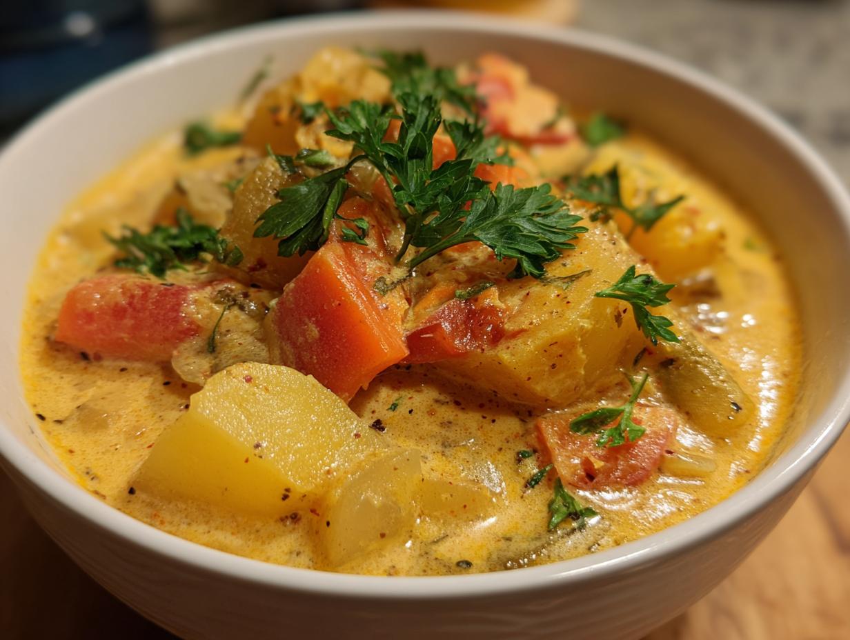 A close-up of a bowl of hearty Cajun potato soup, featuring chunks of potato, carrots, and herbs in a creamy broth.
