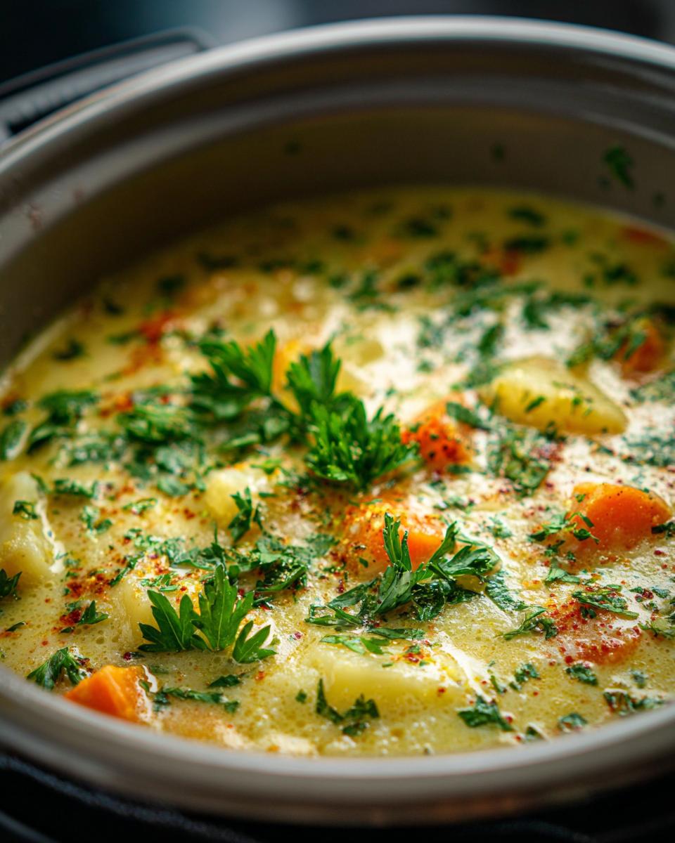 Close-up of a creamy Cajun potato soup with chunks of potatoes, carrots, and fresh parsley, sprinkled with paprika.